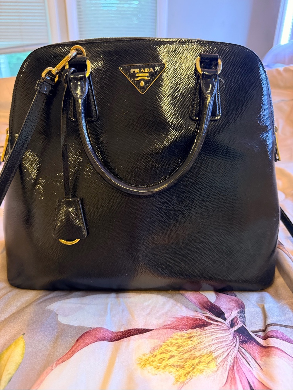 Prada Black Patent Leather Dome Satchel with Gold Hardware